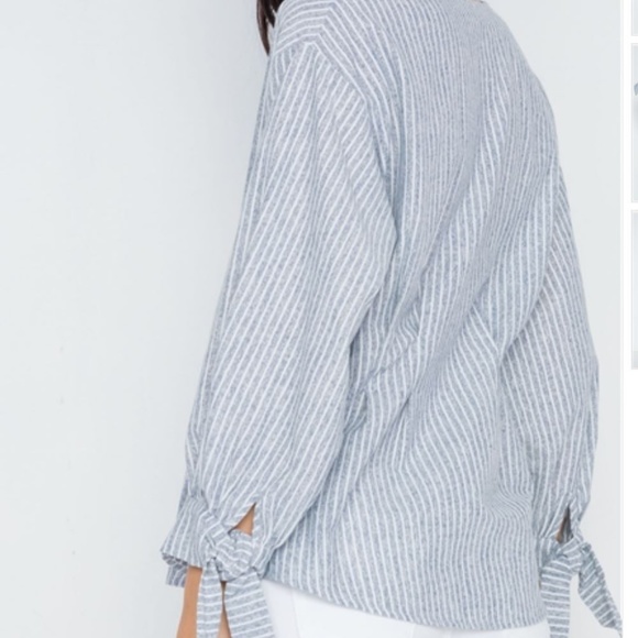 Grey Stripe Button Long Sleeve V-NeckTop - Picture 3 of 4